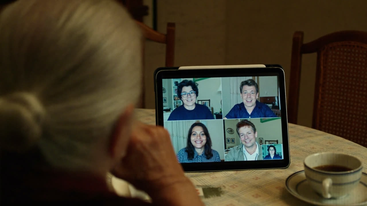Over Nana's shoulder: a tablet on her kitchen table showing a four-up family video call.